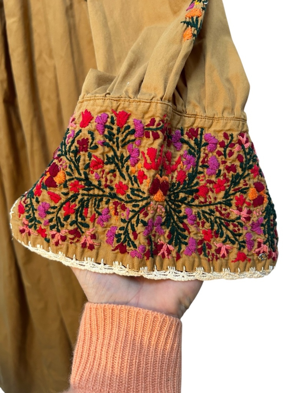 Mexican Oaxaca Vintage mustard heavily embroidered florals tunic maxi dress L - Picture 4 of 6